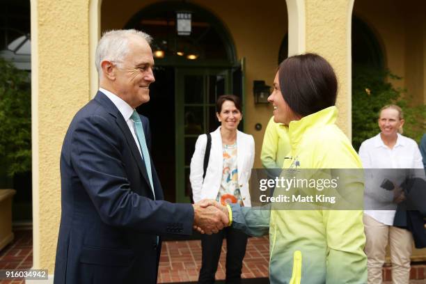 The Prime Minister of Australia Malcolm Turnbull greets Casey Dellacqua of Australia during a Prime Minister's reception at The Lodge ahead of the...