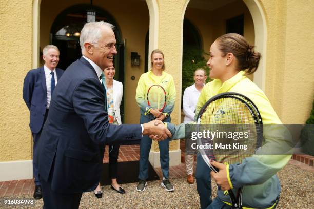 The Prime Minister of Australia Malcolm Turnbull greets Ashleigh Barty of Australia during a Prime Minister's reception at The Lodge ahead of the Fed...