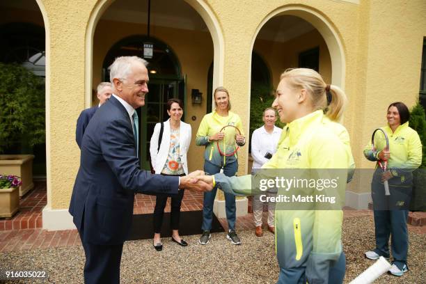 The Prime Minister of Australia Malcolm Turnbull greets Daria Gavrilova of Australia during a Prime Minister's reception at The Lodge ahead of the...