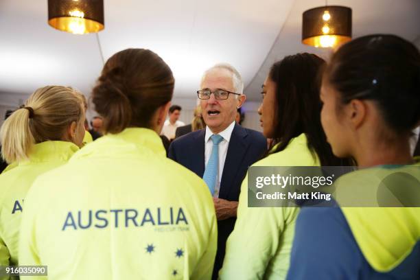 The Prime Minister of Australia Malcolm Turnbull talks to members of the Australian team during a Prime Minister's reception at The Lodge ahead of...