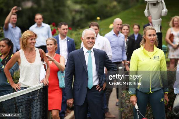 The Prime Minister of Australia Malcolm Turnbull looks on as the Australia and Ukraine teams have a hit of tennis during a Prime Minister's reception...
