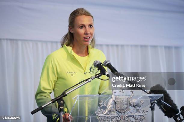 Australia captain Alicia Molik speaks during a Prime Minister's reception at The Lodge ahead of the Fed Cup tie between Australia and the Ukraine on...