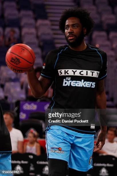 Rakeem Christmas of the Breakers warms up before the round 18 NBL match between Melbourne United and the New Zealand Breakers at Hisense Arena on...
