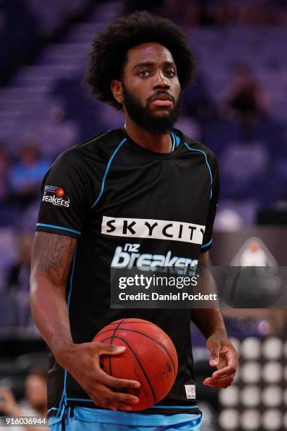 Rakeem Christmas of the Breakers warms up before the round 18 NBL match between Melbourne United and the New Zealand Breakers at Hisense Arena on...