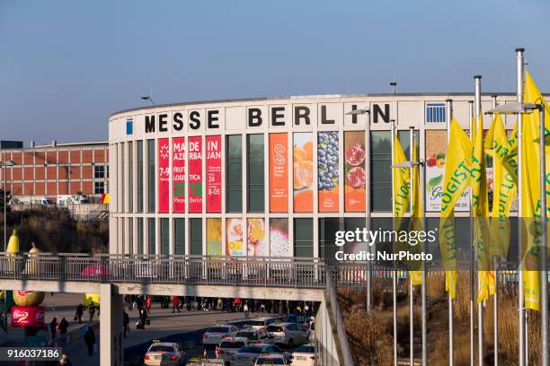 The southern entrance of the Messe Berlin is pictured during the Fruit Logistica 2018 international vegetables and fruits trade fair in Berlin,...