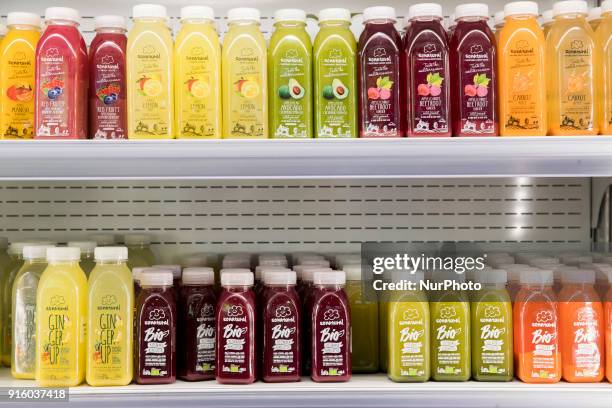 Biological juices are pictured at the Fruit Logistica 2018 international vegetables and fruits trade fair in Berlin, Germany on February 8, 2017. The...
