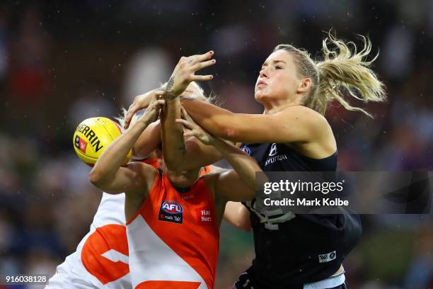 Tayla Harris of the Blues competes for the ball during the round 20 AFLW match between the Greater Western Sydney Giants and the Carlton Blues at...