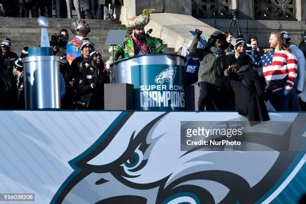 Philadelphia Eagles center Jason Kelce delivers a rant as he speaks from the stage to hundreds of thousands on the Parkway in Philadelphia, PA, on...