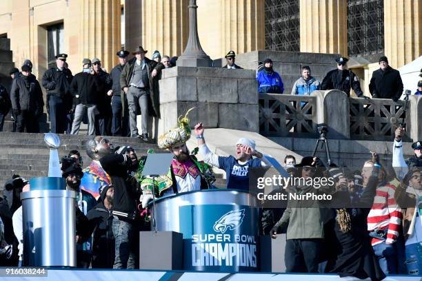 Philadelphia Eagles center Jason Kelce delivers a rant as he speaks from the stage to hundreds of thousands on the Parkway in Philadelphia, PA, on...