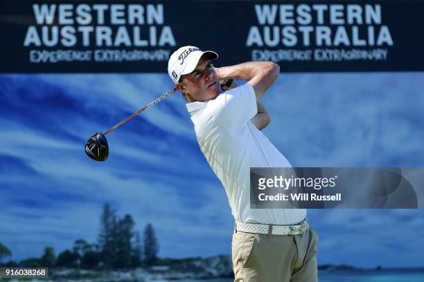 David Smail of New Zealand takes his tee shot on the 3rd hole during day two of the World Super 6 at Lake Karrinyup Country Club on February 9, 2018...
