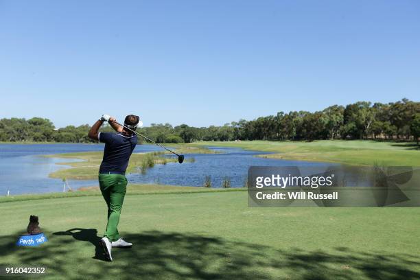 Christopher Mivis of Belgium takes his tee shot on the 3rd hole during day two of the World Super 6 at Lake Karrinyup Country Club on February 9,...