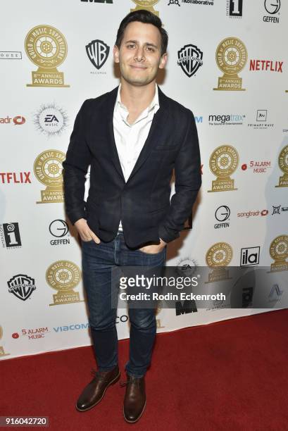 Benj Pasek arrives at the 8th Annual Guild of Music Supervisors Awards at The Theatre at Ace Hotel on February 8, 2018 in Los Angeles, California.