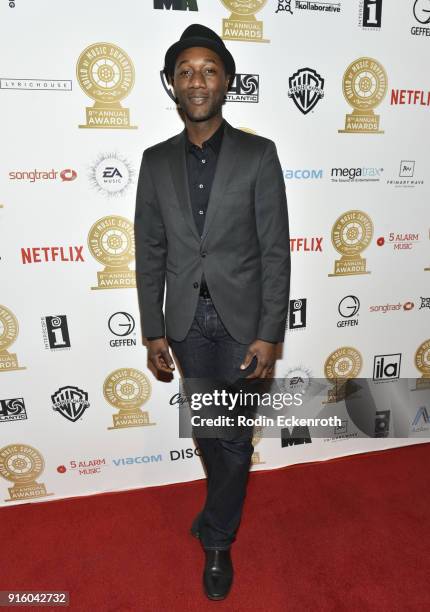 Musician Aloe Blacc arrives at the 8th Annual Guild of Music Supervisors Awards at The Theatre at Ace Hotel on February 8, 2018 in Los Angeles,...