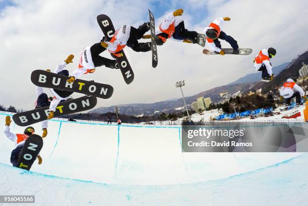 Snowboarder Ayumu Hirano of Japan practices ahead of the PyeongChang 2018 Winter Olympic Games at Phoenix Snow Park on February 9, 2018 in...