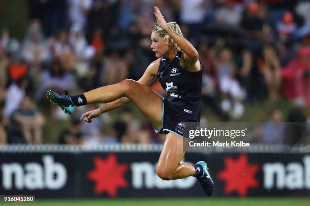 Tayla Harris of the Blues kicks at goal during the round 20 AFLW match between the Greater Western Sydney Giants and the Carlton Blues at Drummoyne...