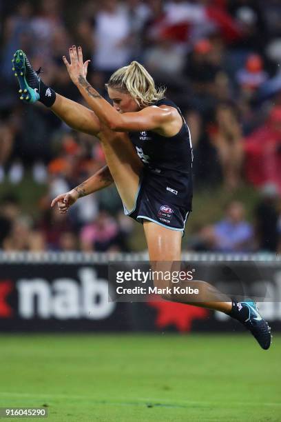 Tayla Harris of the Blues kicks at goal during the round 20 AFLW match between the Greater Western Sydney Giants and the Carlton Blues at Drummoyne...