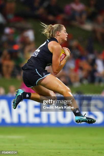 Tayla Harris of the Blues marks during the round 20 AFLW match between the Greater Western Sydney Giants and the Carlton Blues at Drummoyne Oval on...