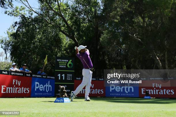 Shiv Kapur of India takes his tee shot on the 11th hole during day two of the World Super 6 at Lake Karrinyup Country Club on February 9, 2018 in...