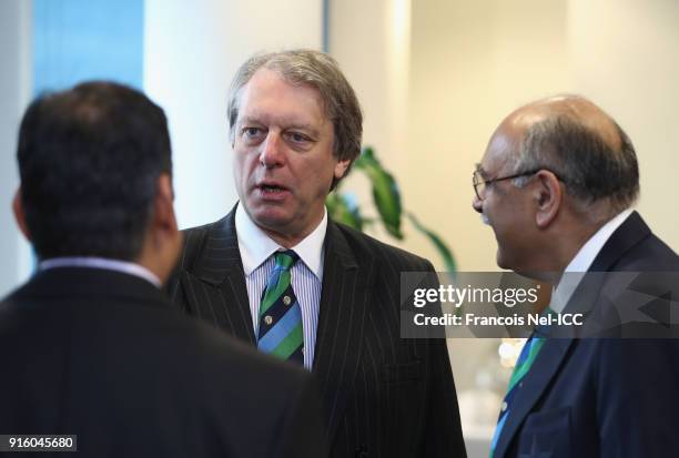 Giles Clarke, President England and Wales Cricket Board and Najam Sethi, President Pakistan Cricket Board attend the ICC Board Meeting on February 9,...
