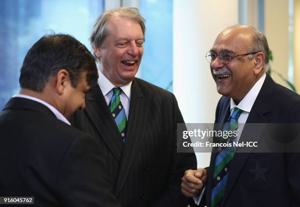 Giles Clarke, President England and Wales Cricket Board speaks to Najam Sethi, President Pakistan Cricket Board during the ICC Board Meeting on...