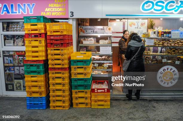 Crates filled with paczki, a type of Polish donut are seen at a coffee bar on Tlusty Czwartek on February 8, 2018. Tlusty Czwartek or Fat Thursday is...