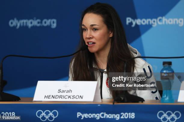 United States Women's Ski Jump athlete Sarah Hendrickson attends a press conference at the Main Press Centre during previews ahead of the PyeongChang...