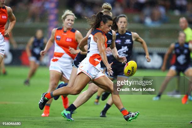 Amanda Farrugia of the Giants kicks during the round 20 AFLW match between the Greater Western Sydney Giants and the Carlton Blues at Drummoyne Oval...