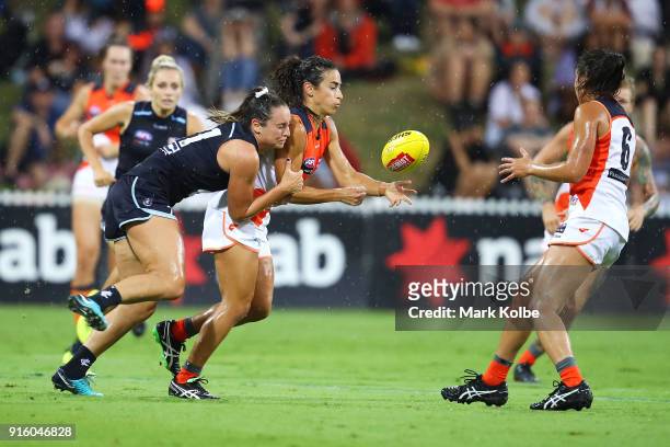 Jess Hosking of the Blues tackles Amanda Farrugia of the Giants during the round 20 AFLW match between the Greater Western Sydney Giants and the...