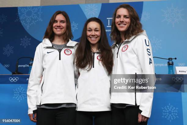United States Women's Ski Jump athlete Nita Englund, Sarah Hendrickson and Abby Ringquist attend a press conference at the Main Press Centre during...