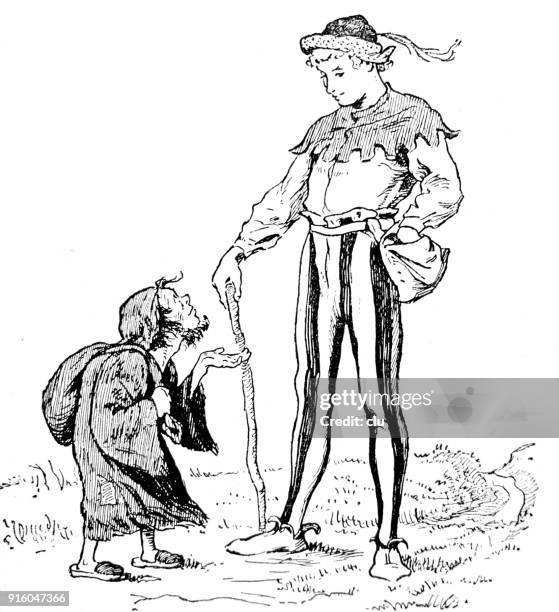 the brave little tailor meets a beggar - the-brave-little-tailor stock illustrations