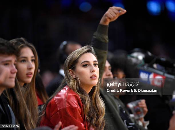 Sophia Rose Stallone, daughter of actor Sylvester Stallone, attends a basketball game between the Oklahoma City Thunder and Los Angeles Lakers at...