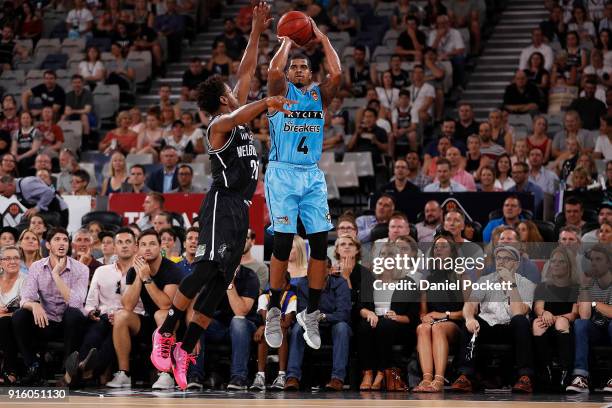 Edgar Sosa of the Breakers shoots from the arc during the round 18 NBL match between Melbourne United and the New Zealand Breakers at Hisense Arena...