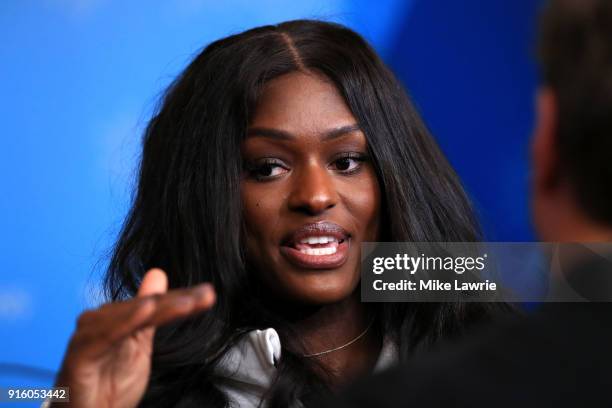 Aja Evans speaks during the United States Women's Bobsleigh Team press conference ahead of the PyeongChang 2018 Winter Olympic Games at the Main...