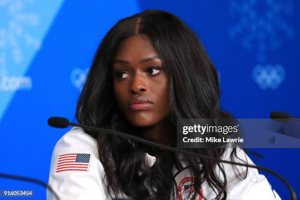 Aja Evans speaks during the United States Women's Bobsleigh Team press conference ahead of the PyeongChang 2018 Winter Olympic Games at the Main...