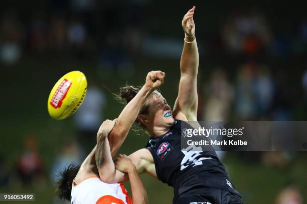 Lauren Brazzale of the Giants and Brianna Davey of the Blues compete for the ball during the round 20 AFLW match between the Greater Western Sydney...
