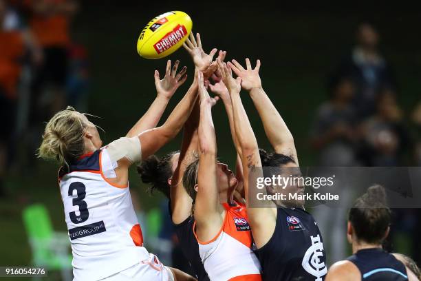 Players compete for the ball during the round 20 AFLW match between the Greater Western Sydney Giants and the Carlton Blues at Drummoyne Oval on...
