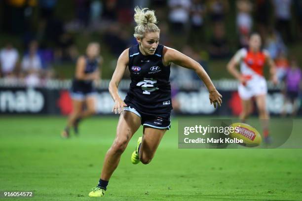 Sarah Hosking of the Blues runs for the ball during the round 20 AFLW match between the Greater Western Sydney Giants and the Carlton Blues at...