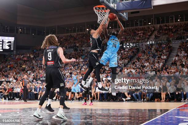 Rakeem Christmas of the Breakers shoots during the round 18 NBL match between Melbourne United and the New Zealand Breakers at Hisense Arena on...