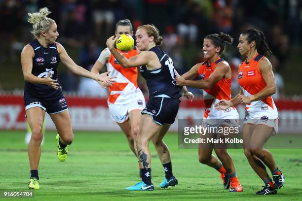 Tilly Lucas-Rodd of the Blues wins the ball during the round 20 AFLW match between the Greater Western Sydney Giants and the Carlton Blues at...