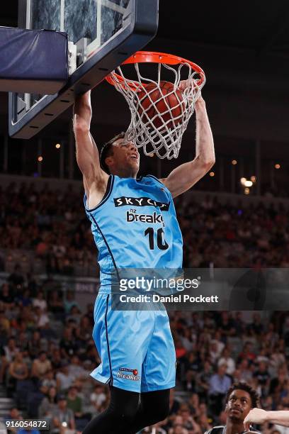 Tom Abercrombie of the Breakers dunks the ball during the round 18 NBL match between Melbourne United and the New Zealand Breakers at Hisense Arena...