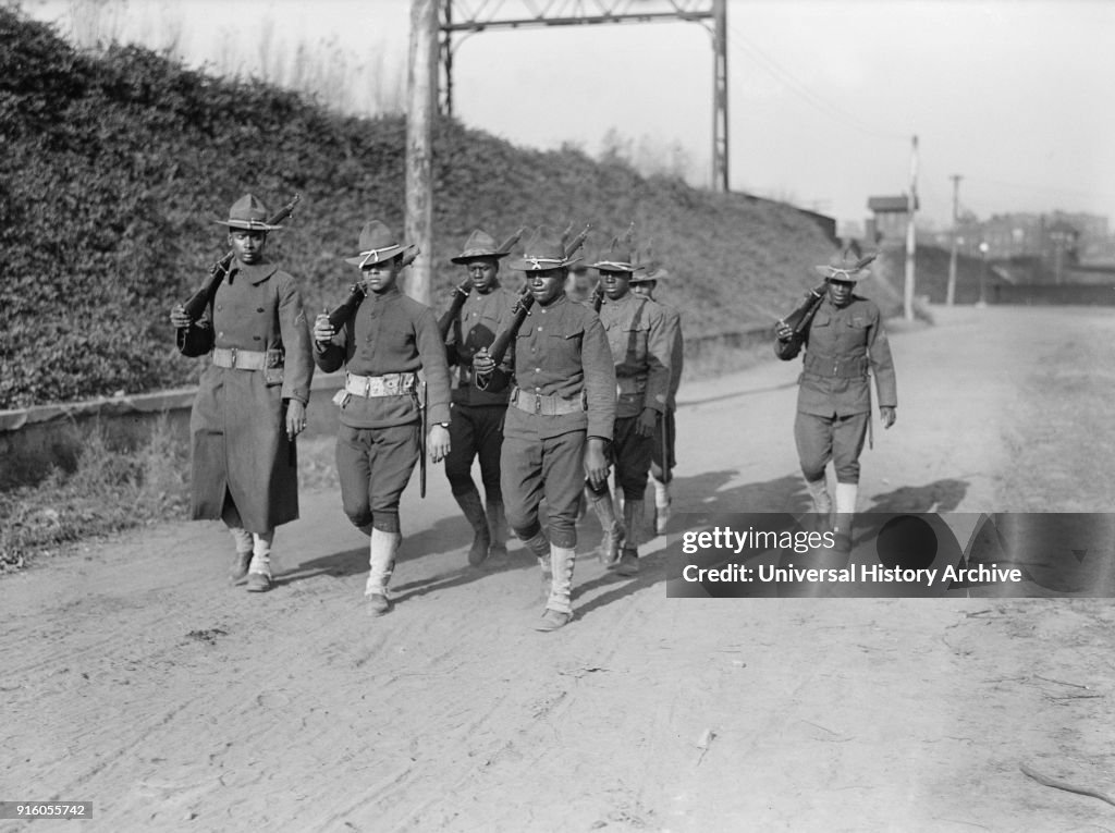 Group of African-American Army Soldiers Marching in Formation, Harris & Ewing, 1917