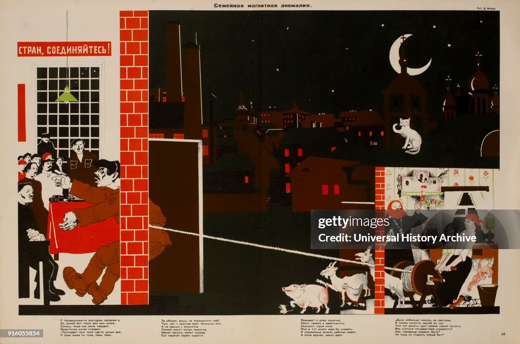 Anti-Religion Propaganda Poster, "Family Magnetic Anomaly", Bezbozhnik u Stanka Magazine, Illustration by Dmitry Moor, Russia, 1920's
