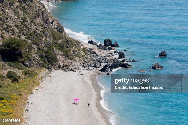 Near Nerja and Maro, Costa del Sol, Malaga Province, Andalusia, southern Spain. Playa las Alberquillas in the protected Paraje Natural Acantilados de...