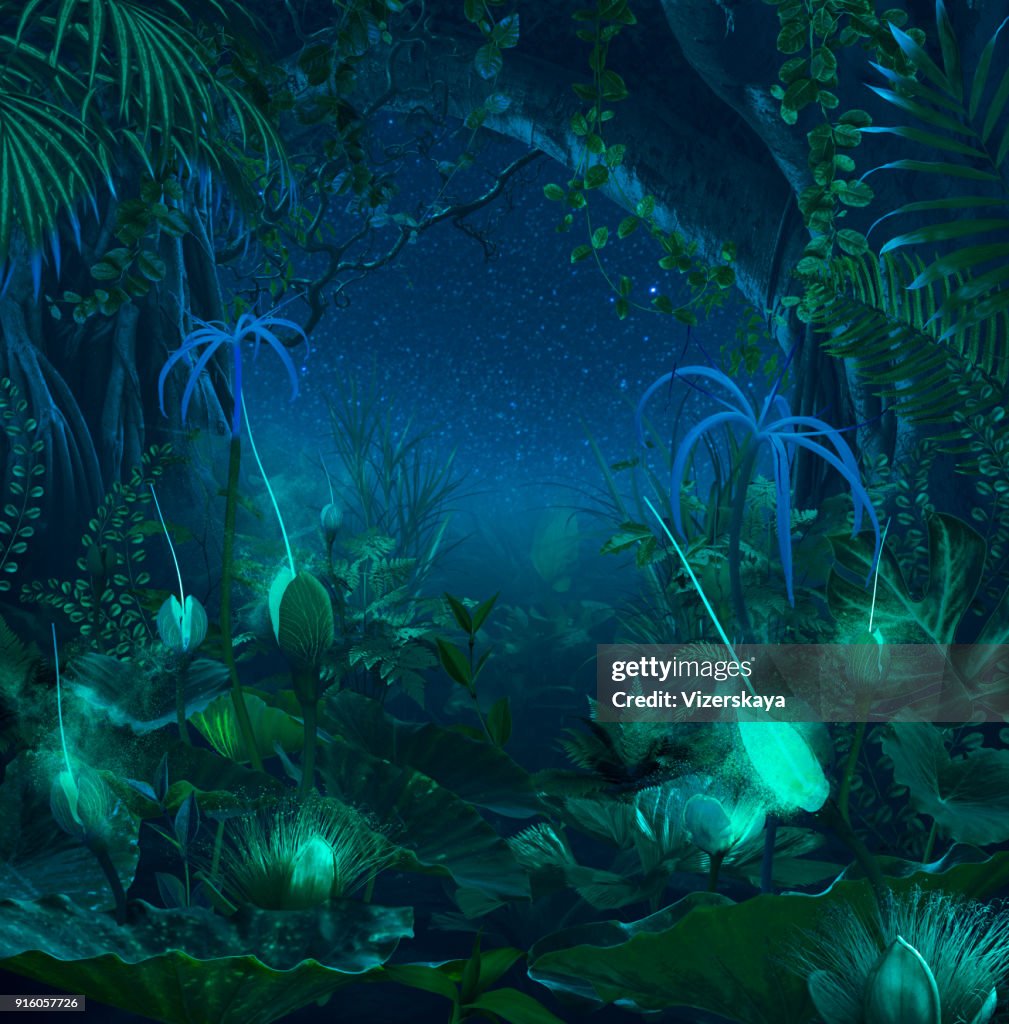 Surreal night jungle with luminescent plants and flowers