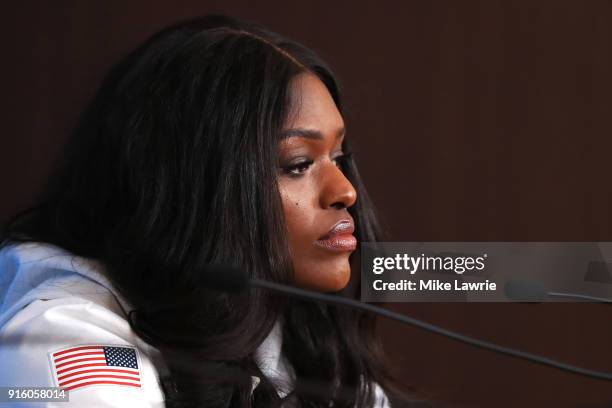 Aja Evans speaks during the United States Women's Bobsleigh Team press conference ahead of the PyeongChang 2018 Winter Olympic Games at the Main...