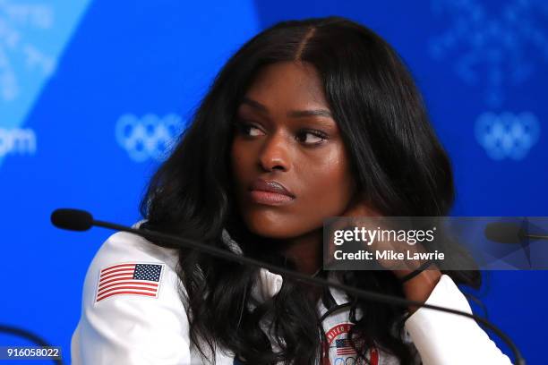 Aja Evans speaks during the United States Women's Bobsleigh Team press conference ahead of the PyeongChang 2018 Winter Olympic Games at the Main...