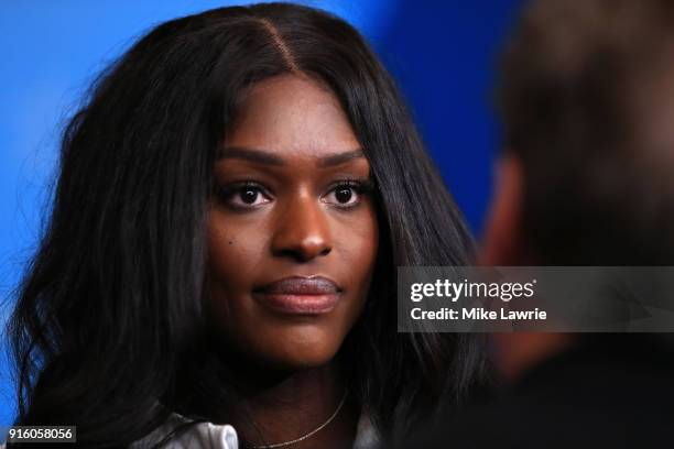 Aja Evans speaks during the United States Women's Bobsleigh Team press conference ahead of the PyeongChang 2018 Winter Olympic Games at the Main...