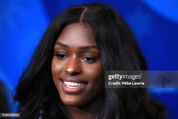 Aja Evans speaks during the United States Women's Bobsleigh Team press conference ahead of the PyeongChang 2018 Winter Olympic Games at the Main...