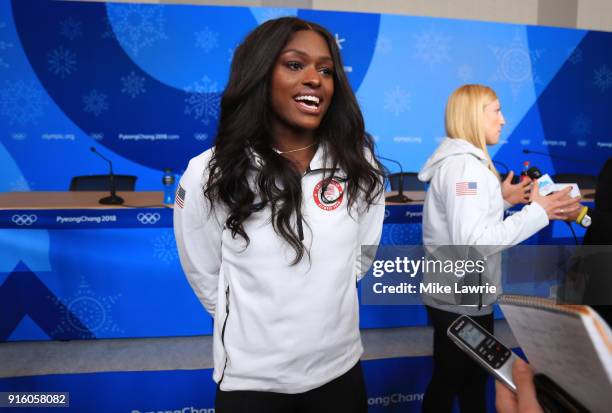 Aja Evans speaks during the United States Women's Bobsleigh Team press conference ahead of the PyeongChang 2018 Winter Olympic Games at the Main...