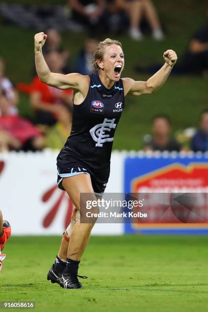 Katie Loynes of the Blues celebrates scoring a goal during the round 20 AFLW match between the Greater Western Sydney Giants and the Carlton Blues at...